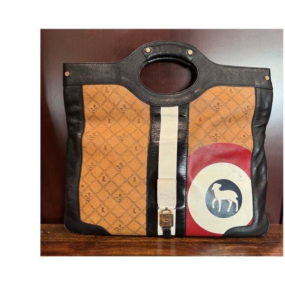 Vintage LAMB Designer Tote Clutch Bag Monogrammed Leather Iconic Sheep Logo - Picture 1 of 11